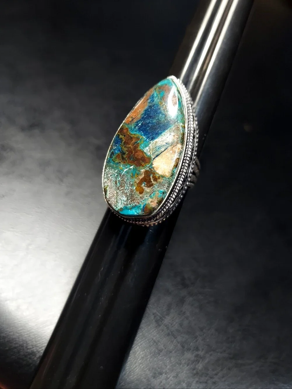 Handcrafted High-Profile Azurite Oversized Teardrop Ring (9.5)